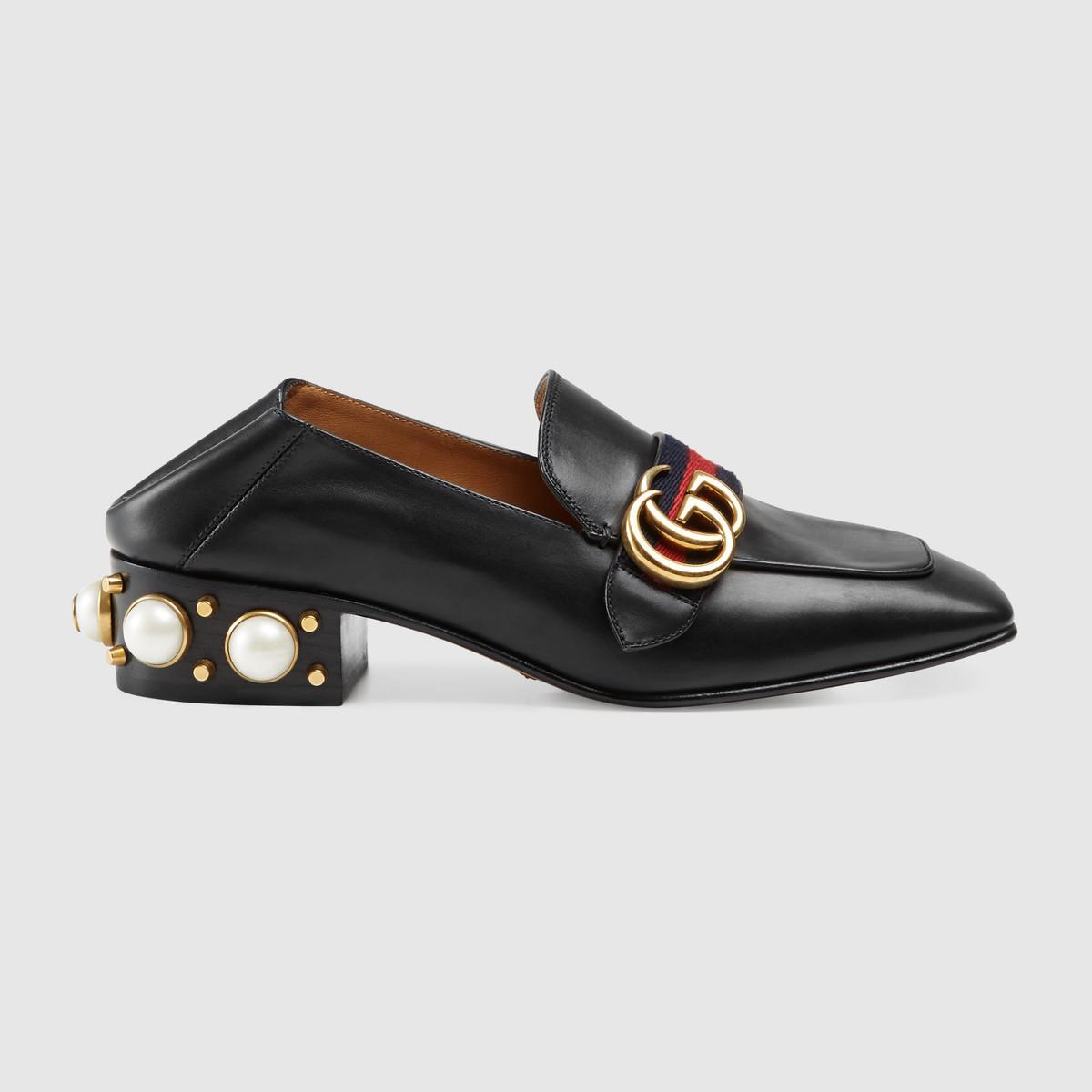 GUCCI グッチ GGパールウェブ付レザーミッドヒールローファー 423559 DKHC0 1061