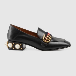 GUCCI グッチ GGパールウェブ付レザーミッドヒールローファー 423559 DKHC0 1061