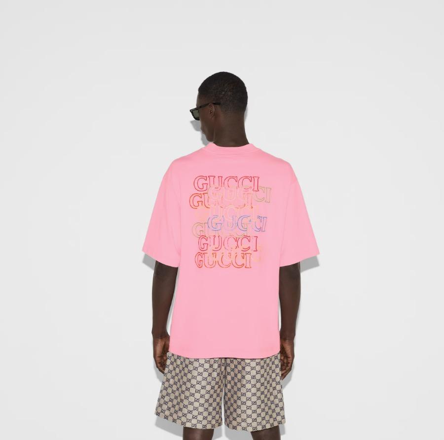 GUCCI後払い プリント コットンジャージー Tシャツ ピンク 784361 XJGKW 5904