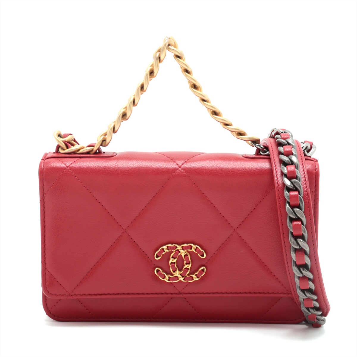 シャネル 19 ラムスキン チェーンウォレット レッド ゴールド×シルバー金具 AP0957
