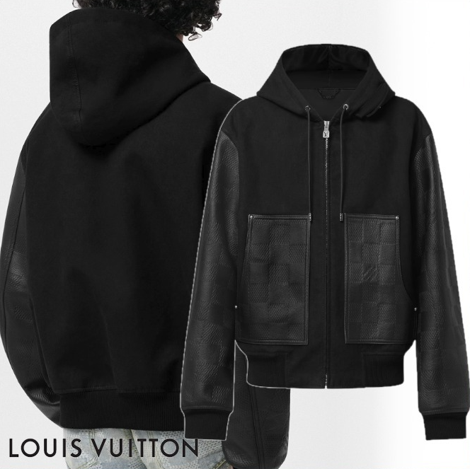 Louis Vuitton代引 ミックスレザー フードブルゾン 黒 ダミエ 1AFIRA
