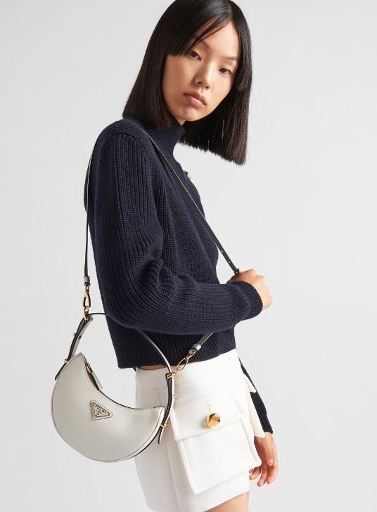PRADA アーケ Re-Nylon xブラッシュドレザー ショルダーバッグ アーチ型レザー 1BC199_ASK_F0009_V_OOO