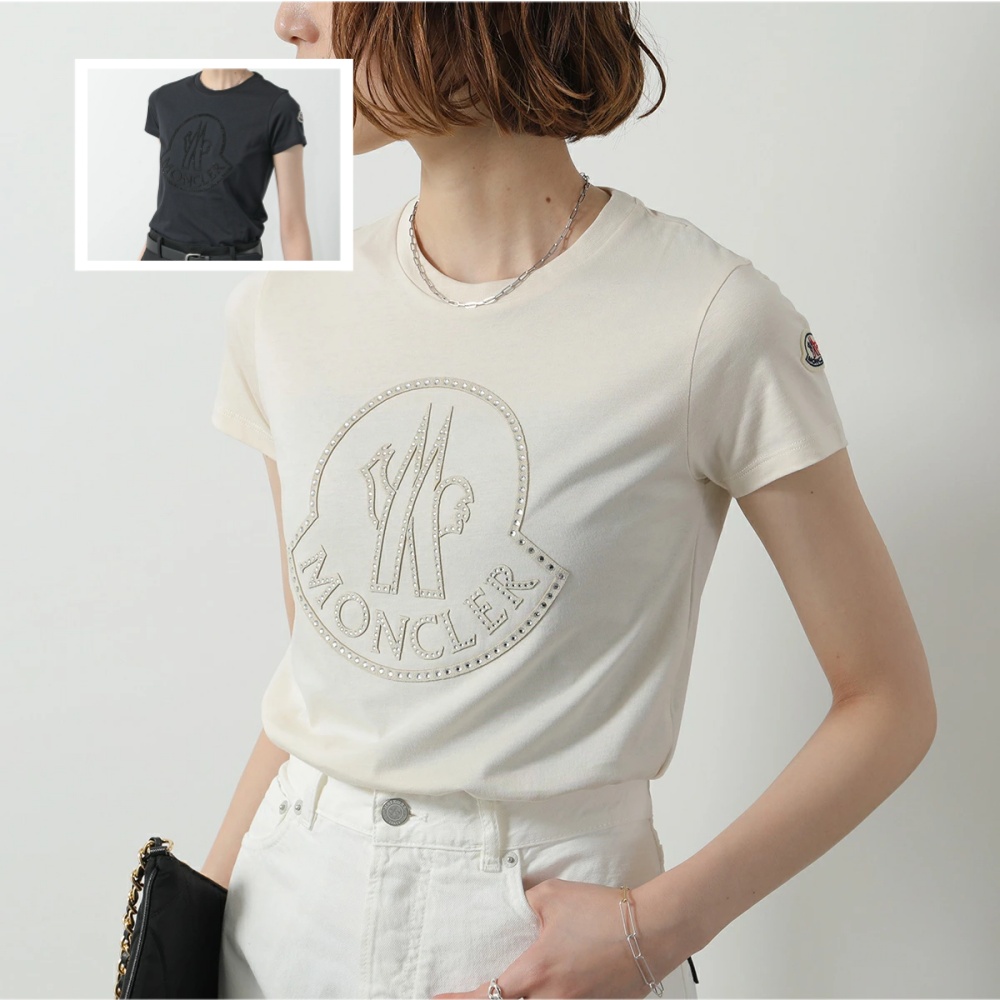 モンクレール キッズ Tシャツ レディース ガールズ 半袖 カットソー コットン クルーネック クリスタル装飾 ロゴ  8C00012 83907