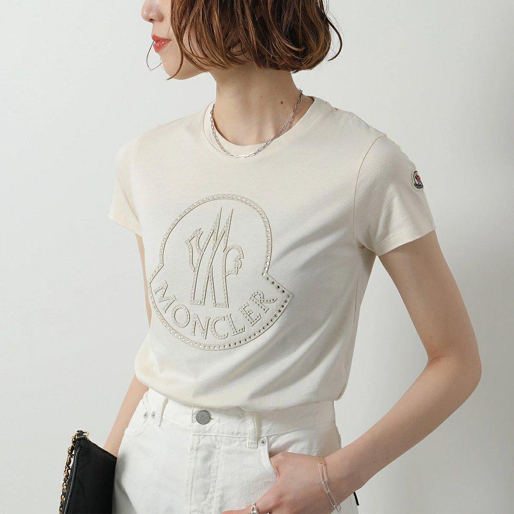 モンクレール キッズ Tシャツ レディース ガールズ 半袖 カットソー コットン クルーネック クリスタル装飾 ロゴ  8C00012 83907