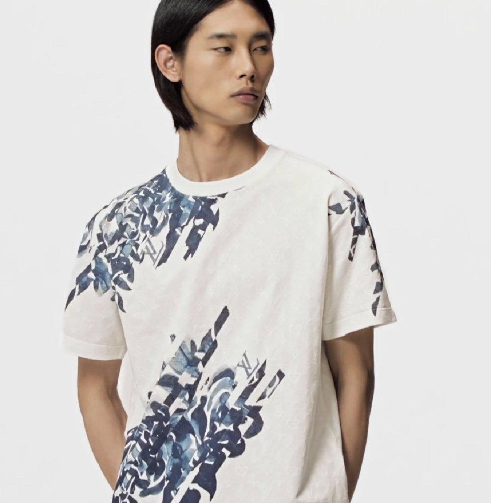 LOUIS VUITTON コットン ピケ Tシャツ 白 ブルー 半袖 トップス 1AFAYG