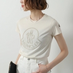 モンクレール キッズ Tシャツ レディース ガールズ 半袖 カットソー コットン クルーネック クリスタル装飾 ロゴ  8C00012 83907