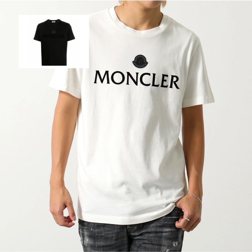 モンクレールTシャツ メンズ コットン フロックプリント スタッドパッチ クルーネック ロゴ 8C00007 8390T