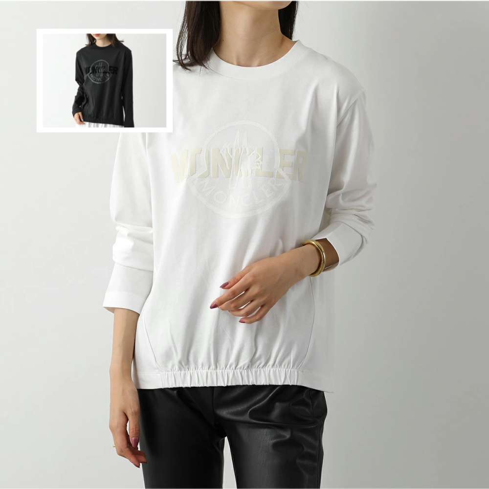 モンクレール カットソー レディース 長袖Tシャツ ロンT ゴム裾 クルーネック アイコンロゴ フロッキープリント コットン 8D00005 829HP