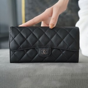 シャネル後払い 長財布 クラシック ロング フラップ ウォレット マトラッセ キャビアスキン ブラック A80758