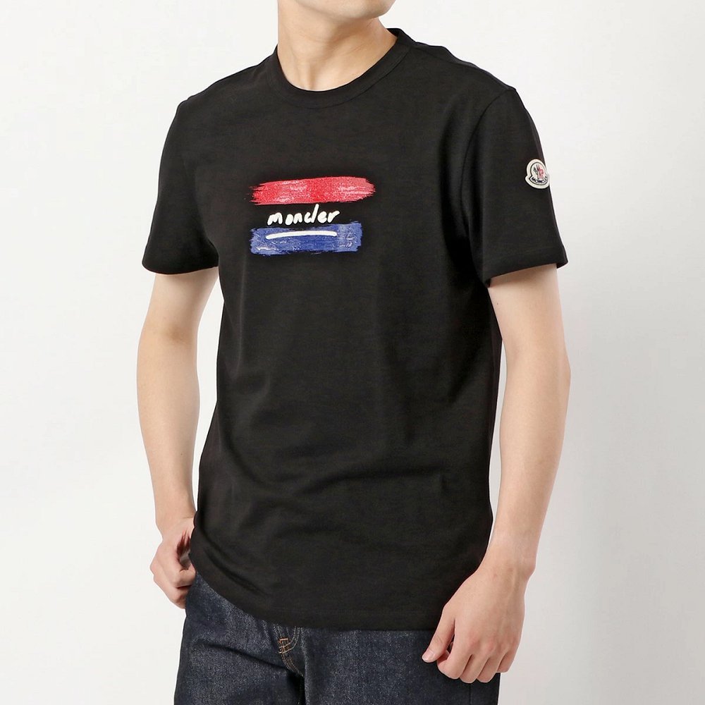 モンクレール 半袖Tシャツ メンズ クルーネック ロゴ刺繍 トリコロールカラー ペンキプリント加工 コットン 8C79310 8390T 999