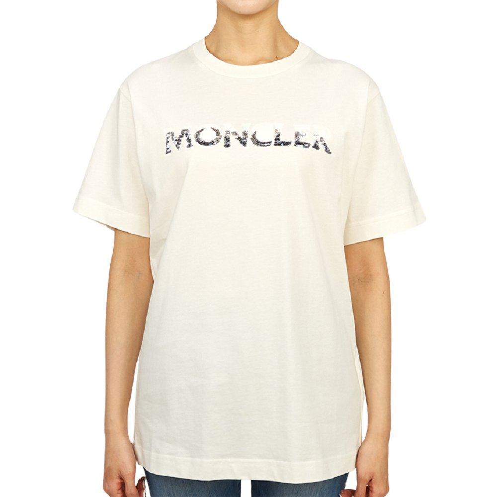 モンクレール Tシャツ レディース 半袖 クルーネック カットソー コットン スパンコール 刺繍 ロゴパッチ 8C00028 829HP