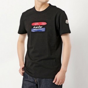 モンクレール 半袖Tシャツ メンズ クルーネック ロゴ刺繍 トリコロールカラー ペンキプリント加工 コットン 8C79310 8390T 999