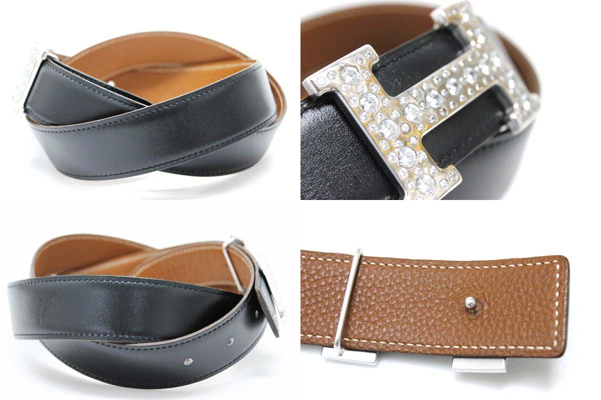 エルメス リバーシブルＨベルト&nbsp; バックルアフター装飾 ボックスカーフ×トゴ ブラック×ゴールド シルバー金具 Ｈ刻 he-be-1521