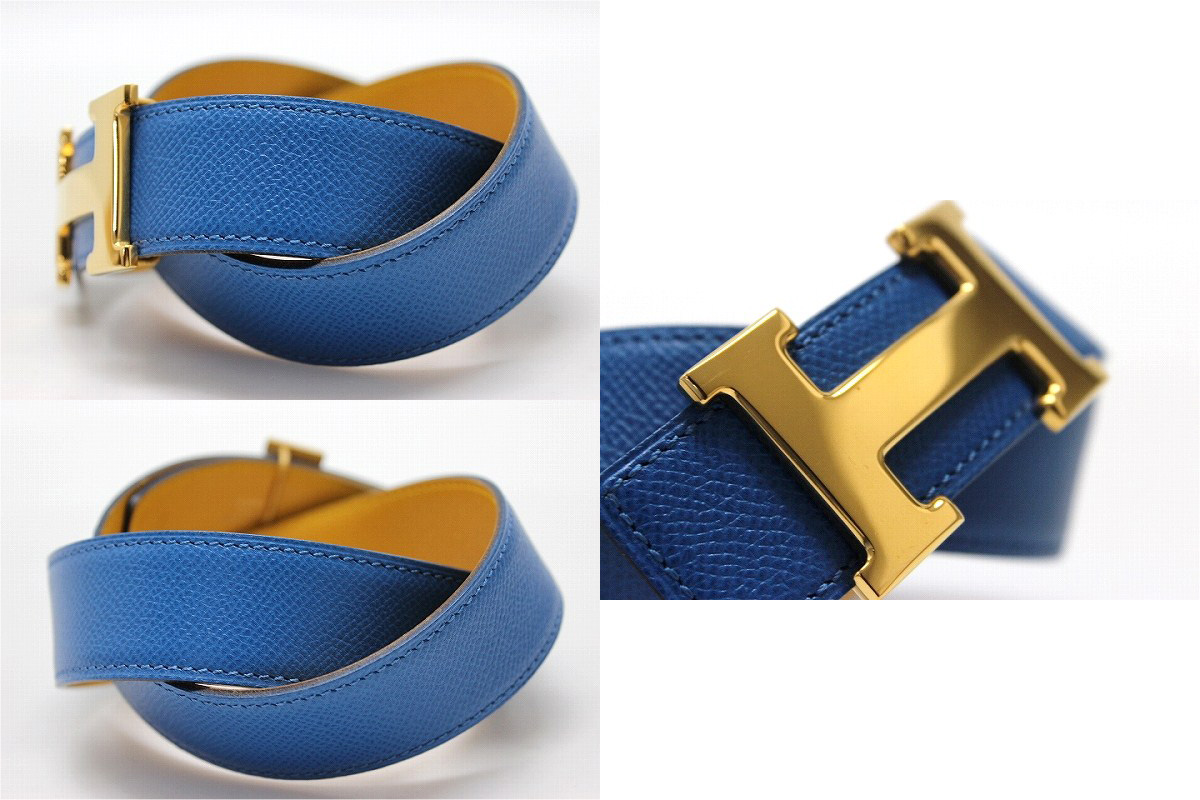 エルメス Hベルト リバーシブルベルト 65 クシュベル ブルー×イエロー ゴールド金具 B刻he-be-1577