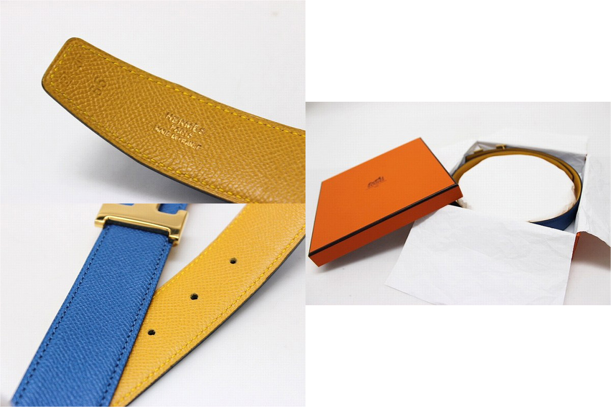 エルメス Ｈベルト リバーシブルベルト 65 クシュベル ブルー×イエロー ゴールド金具 B刻he-be-1577